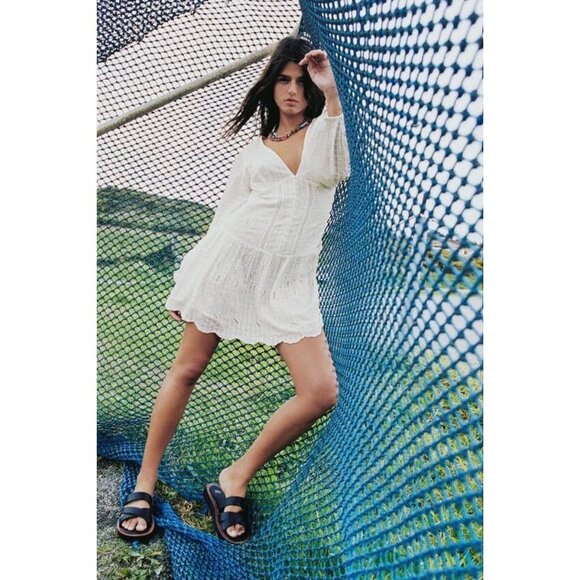 ZARA White Cotton Embroidered Eyelet Long Sleeve Button Front Mini Dress, Size M - Picture 15 of 16